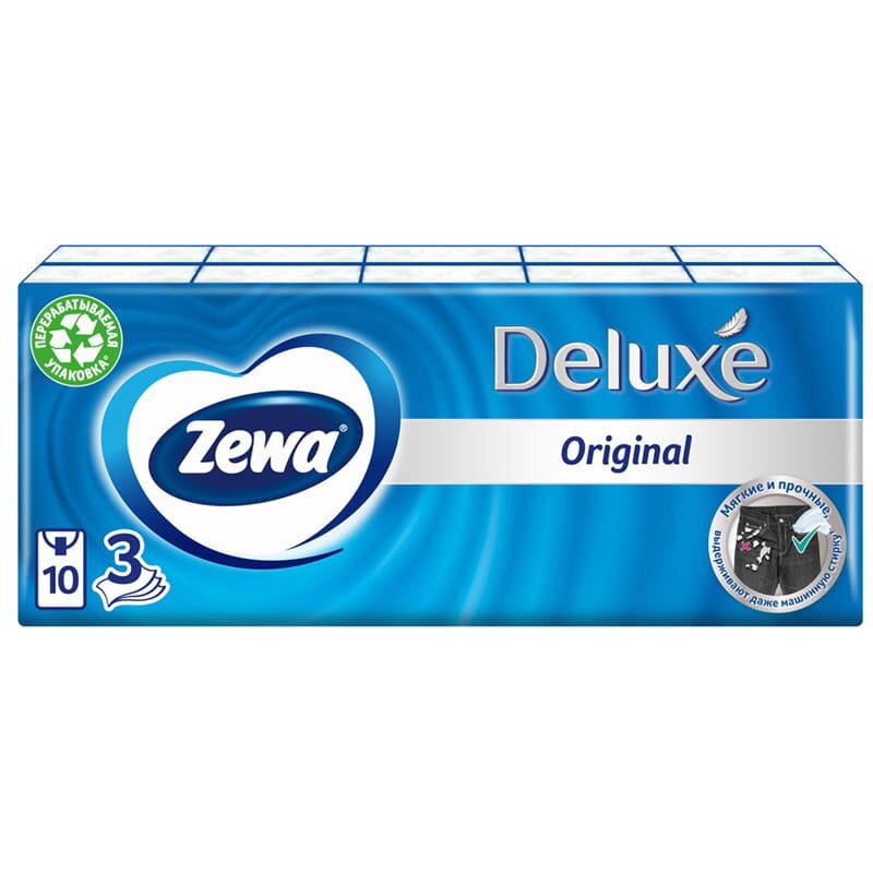 Платки бумажные носовые Zewa "Deluxe" 3-слойные, 19*21см, белые, 10 пачек по 10 шт