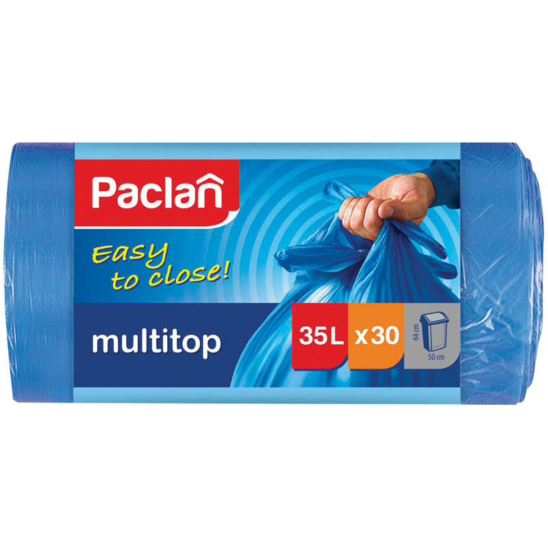 Paclan, Мешки для мусора Multitop 35 л, ПВД, 50 х 61 см, 10,5 мкм, синие, в рулоне 30 шт с завязками