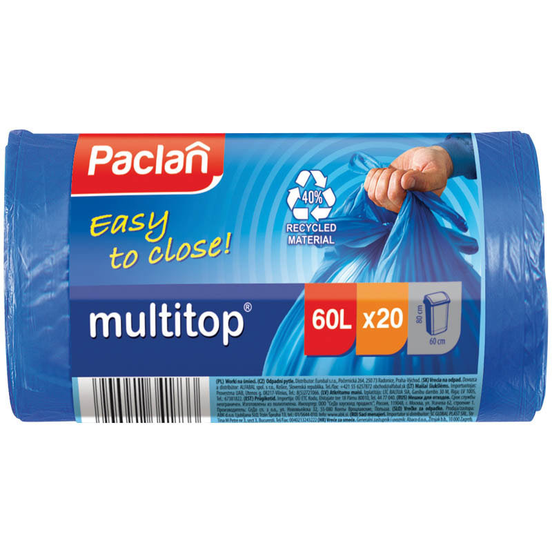 Paclan, Мешки для мусора Multitop 60 л, ПВД, 60 х 72 см, 14 мкм, синие, в рулоне 20 шт