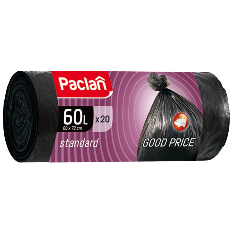 Paclan, Мешки для мусора Standard 60л, ПНД, 60 х 72 см, 7,4 мкм, черные, в рулоне 20 шт