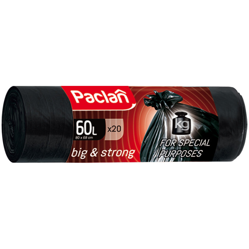 Paclan, Мешки для мусора Big&Strong 60 л, ПВД, 86 х 80 см, черные, в рулоне 20 шт